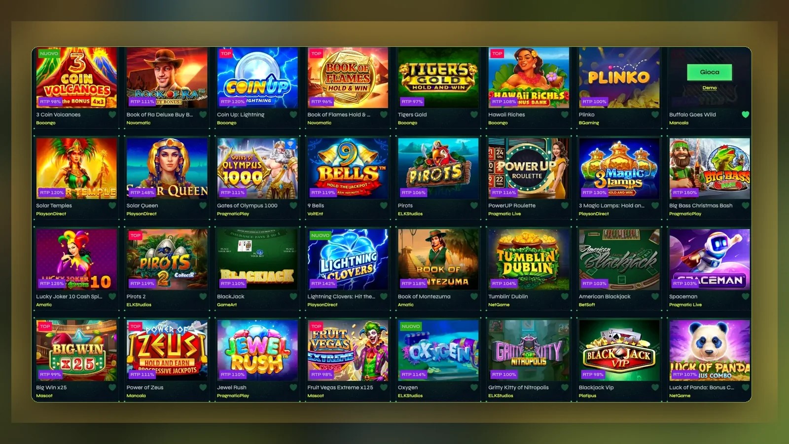 Una schermata di lobby a griglia: slot e tavoli con studio e RTP dichiarato